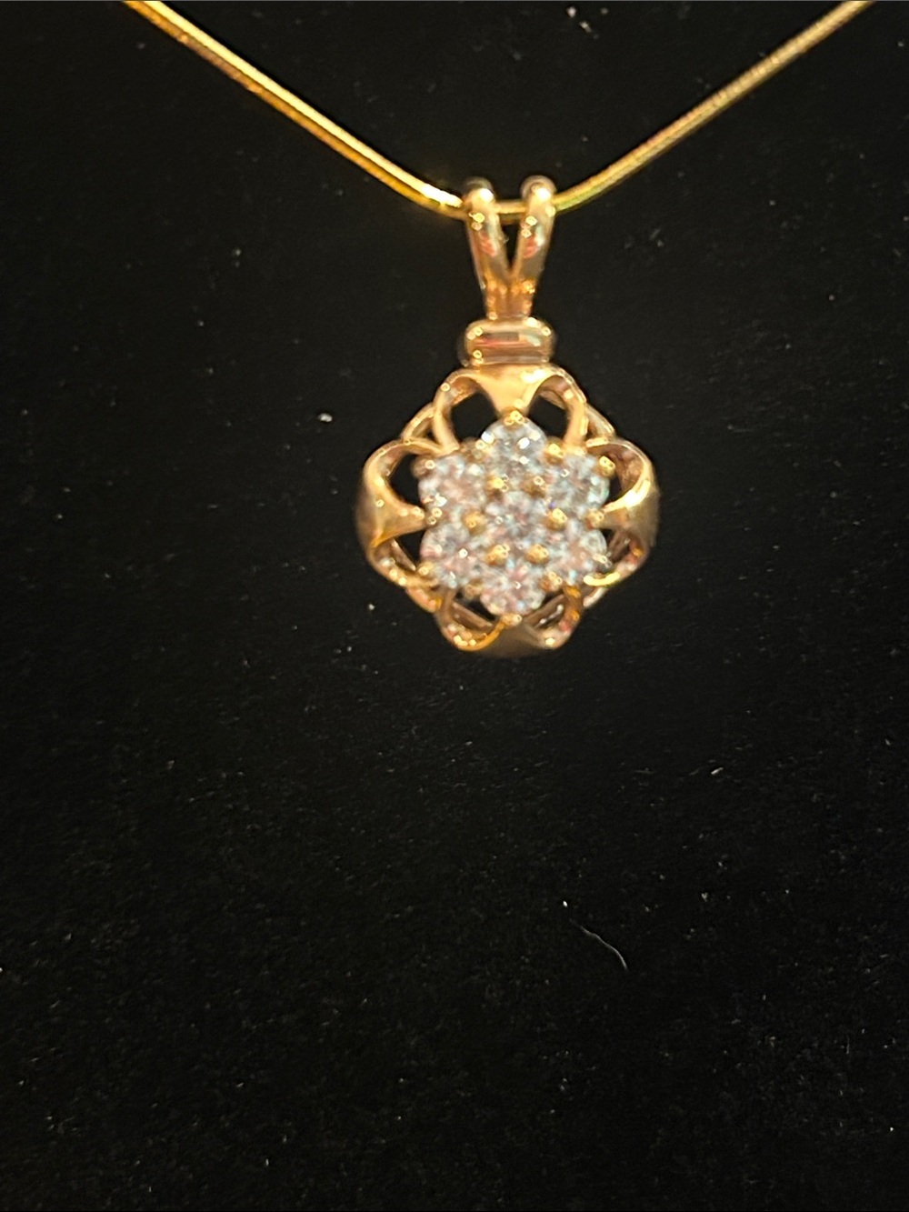 Gold Floral Cluster Pendant Necklace with Clear Stones - 22” chain